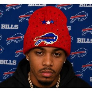 Buffalo Bills Beanie Red design with logo-gold trimming, stars, rhinestones